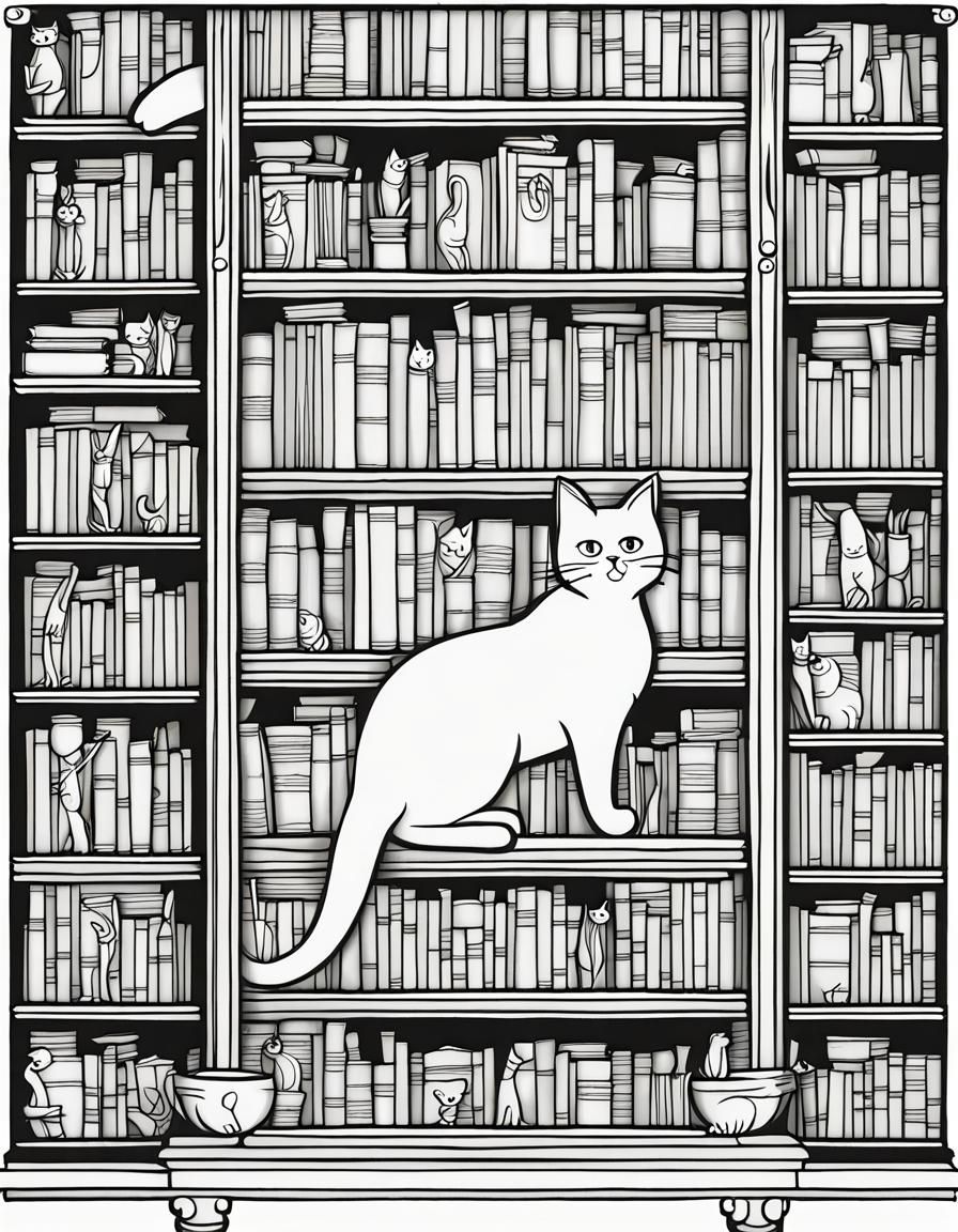 Cartoon Cats with Bookcase in Black and White