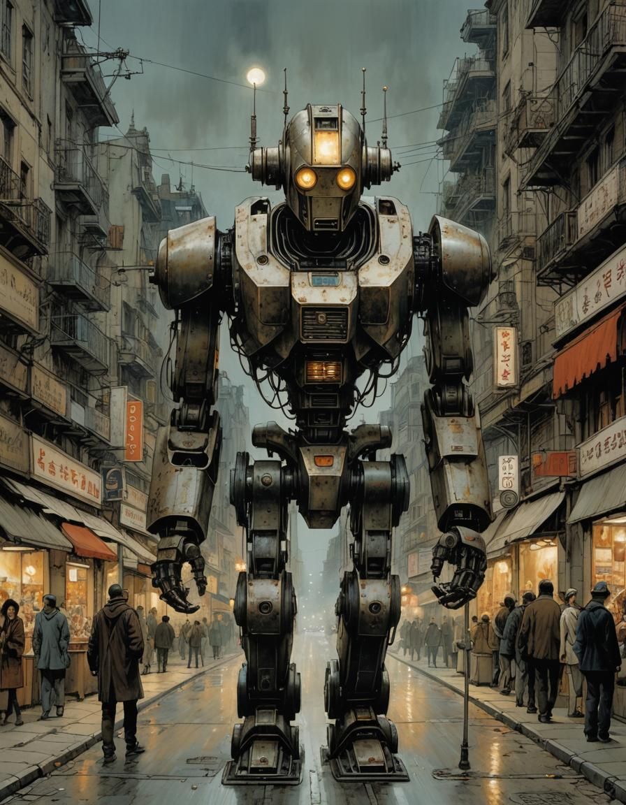 Mechanical Robot Walking Down Lit Street