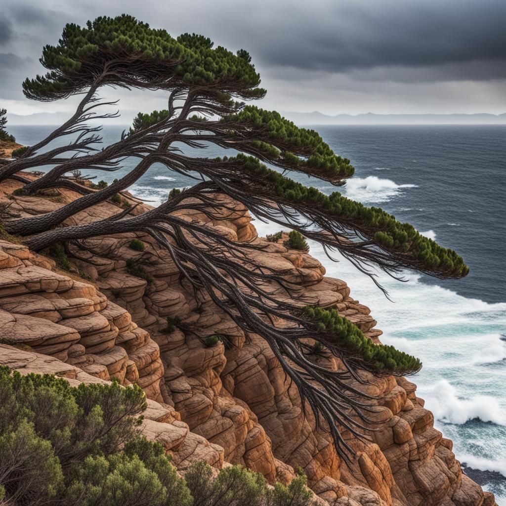 Wind-Swept Pines on Stormy Cliffs: High-Resolution Photo