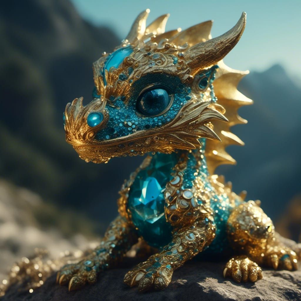 Blue Baby Dragon in Mountain Den with Treasure
