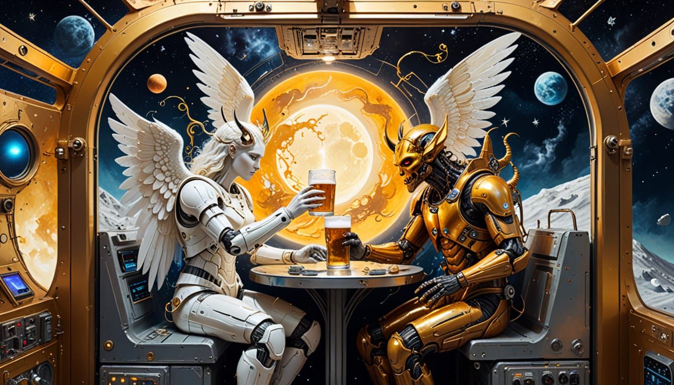 Angel and Demon in Space: Surreal Mixed Media Art