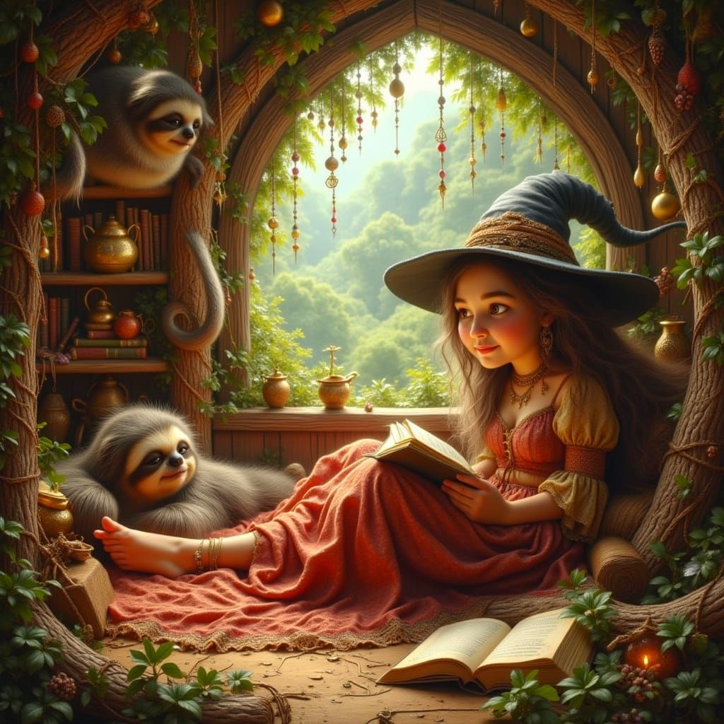 Whimsical Witch Reading in Cottage Illustration