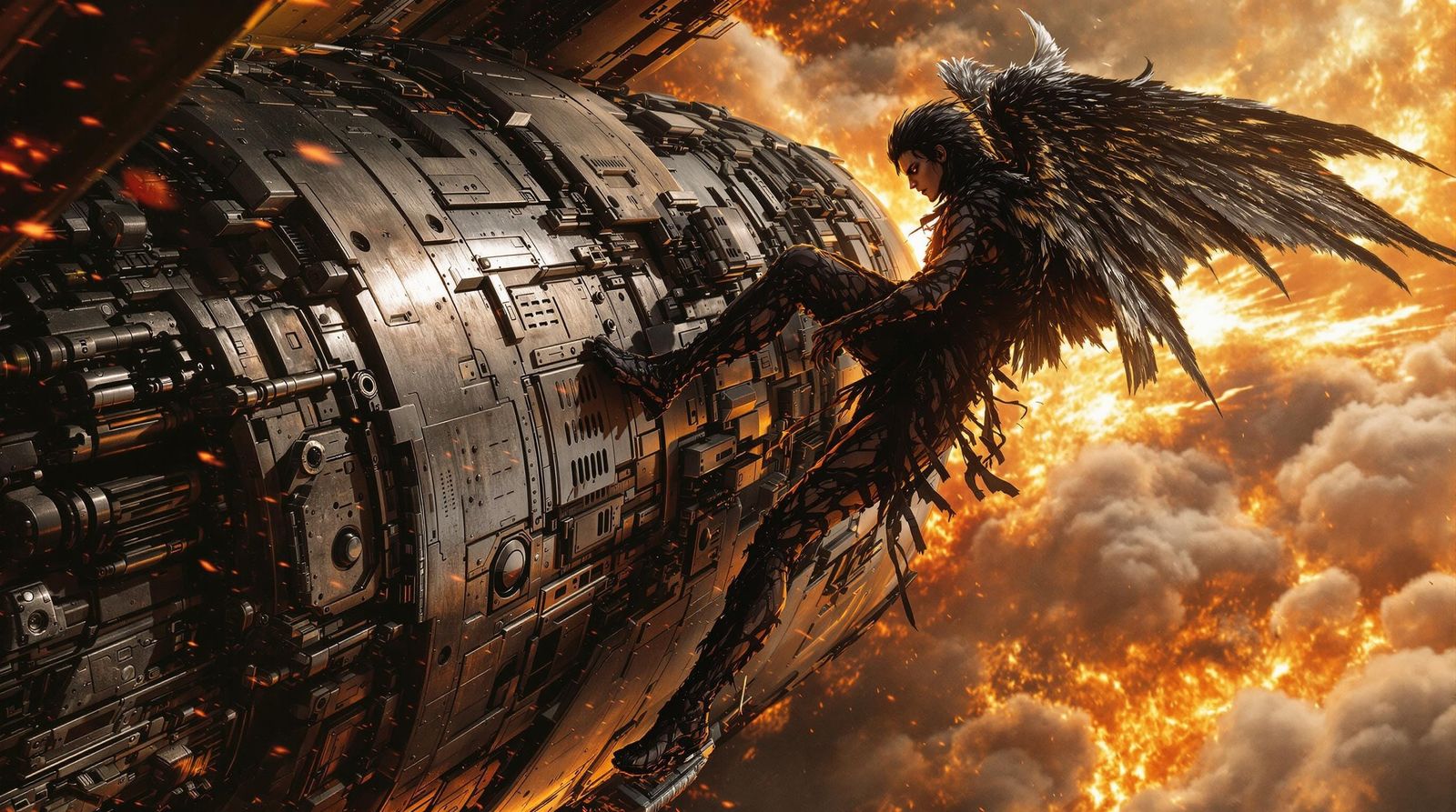 Dark Angel's Rocket Ascent: Biomechanical Sci-Fi Art