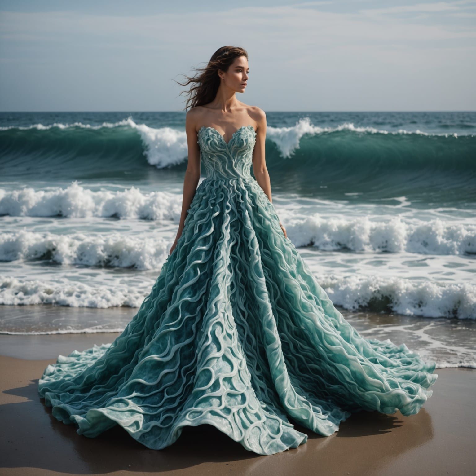 Wavy Ocean Gown in Dreamlike Art