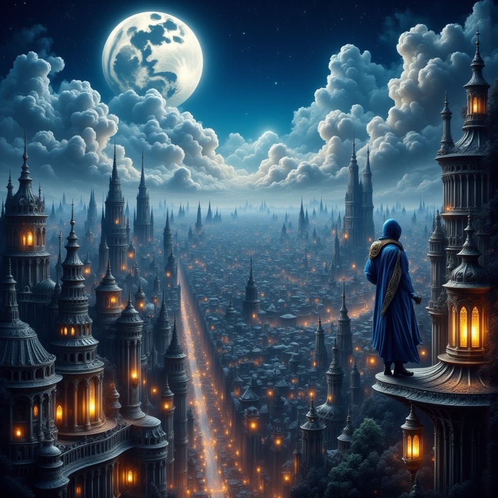Steampunk Cityscape under Ethereal Moonlight