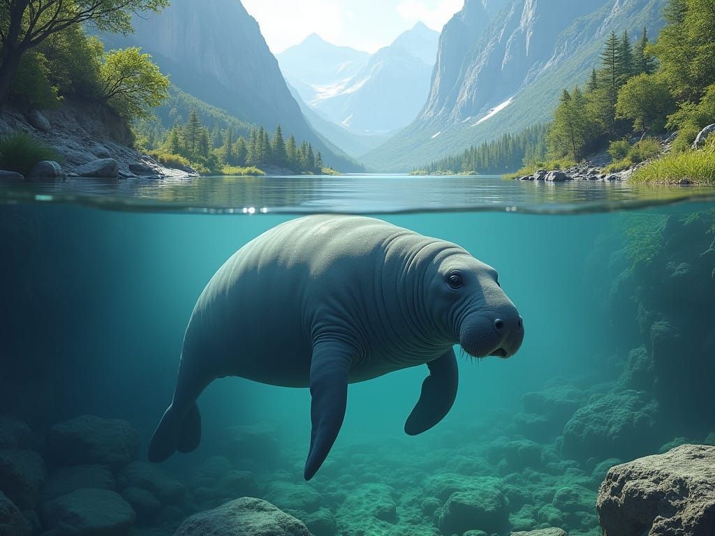 Ethereal Manatee in a Mountain Stream