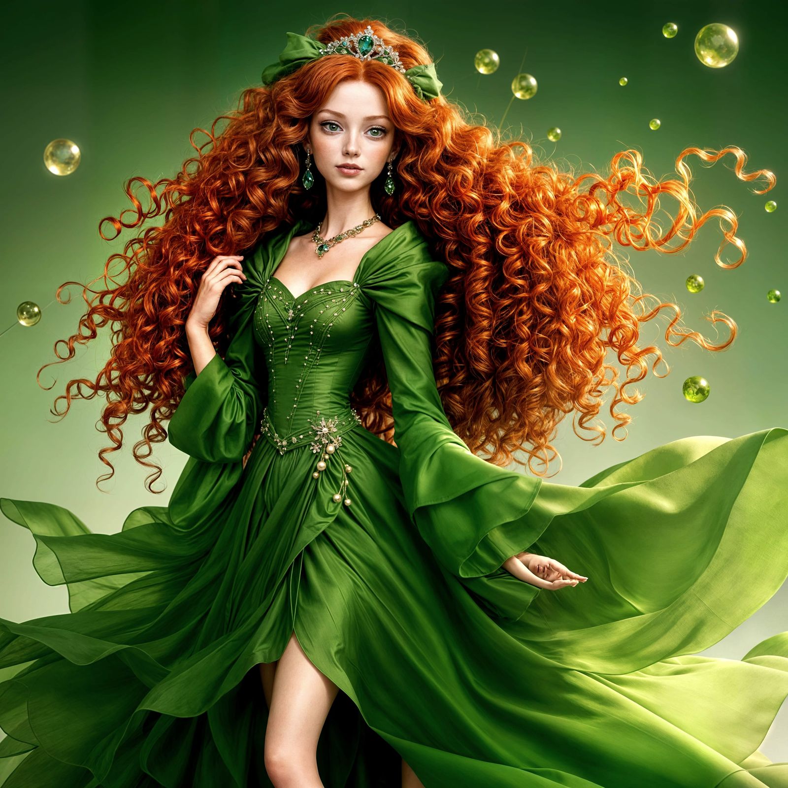 Hyperreal Red-Haired Princess in Green Robe