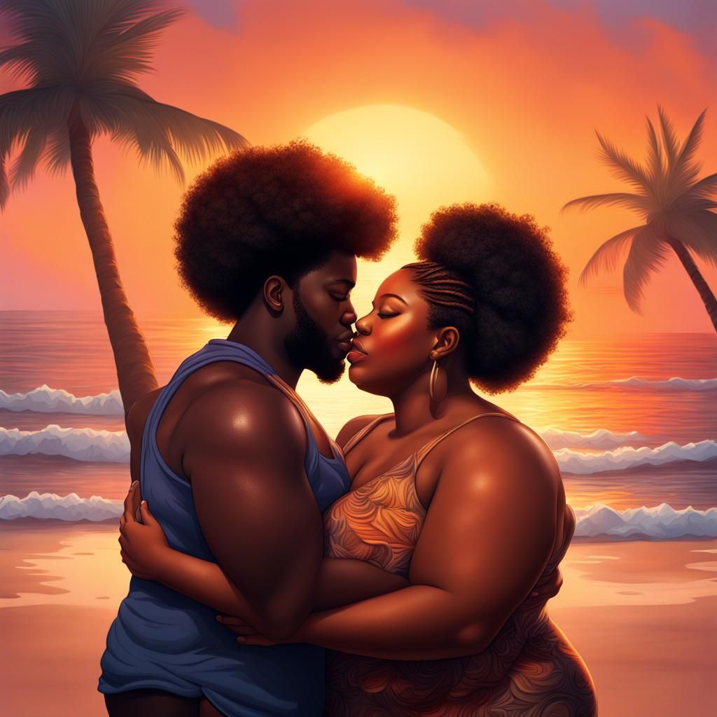Romantic Beach Sunset: Afro-American Couple Cuddling