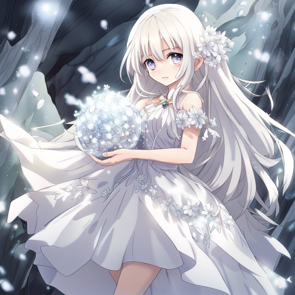 Anime Girl in Diamond Cave with Snowflake Dress