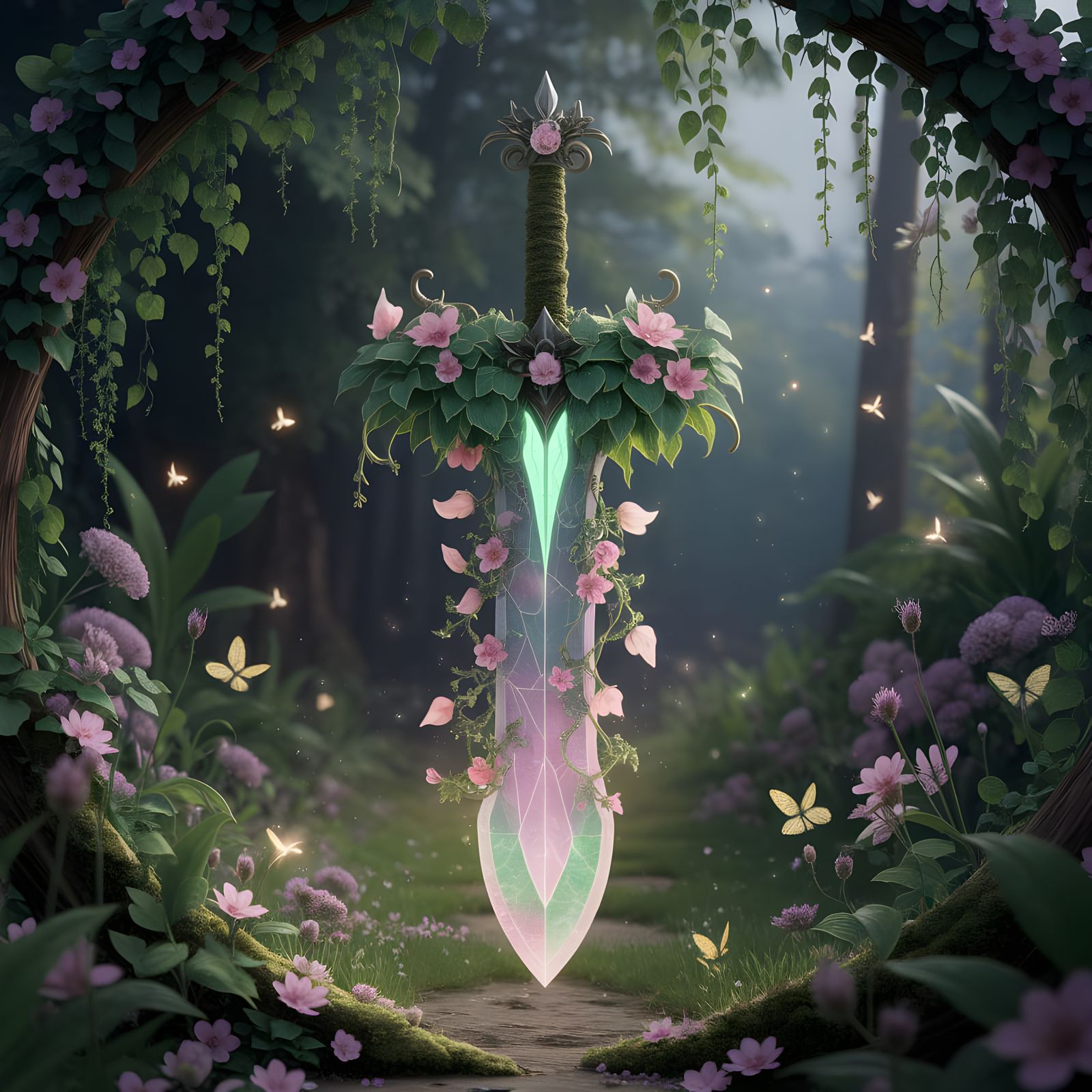 Whimsical Fantasy Sword in a Serene Forest Glade