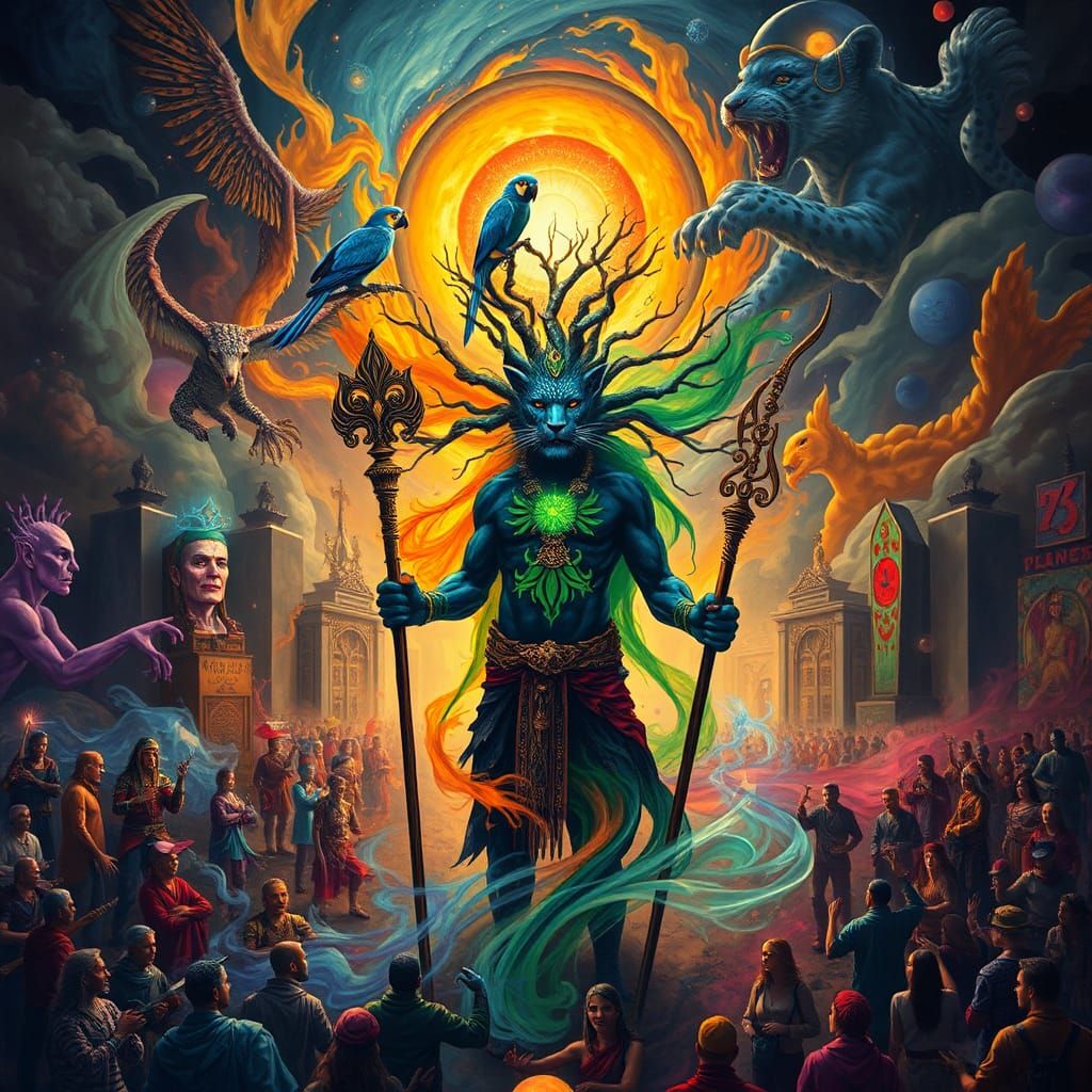 Leopard Shaman in Surreal Cityscape: A Digital Illustration