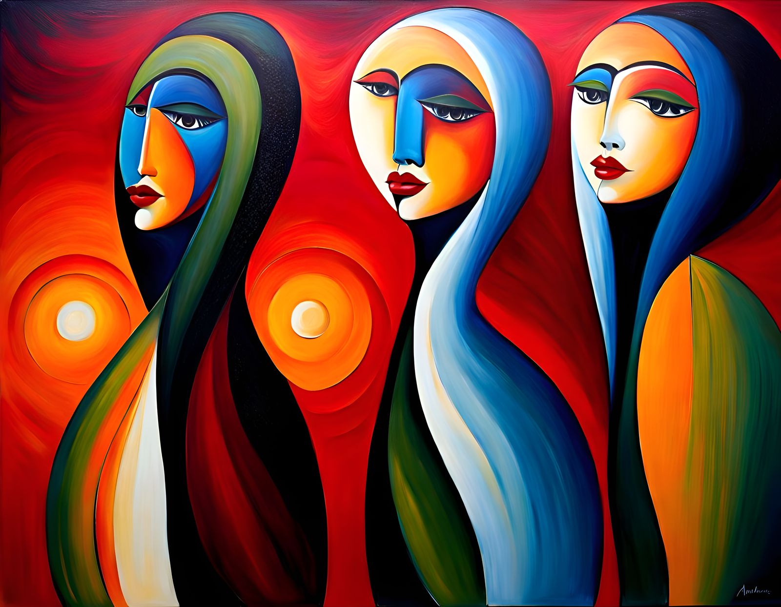 Three Women in Evening Gowns: Abstract Oil Painting