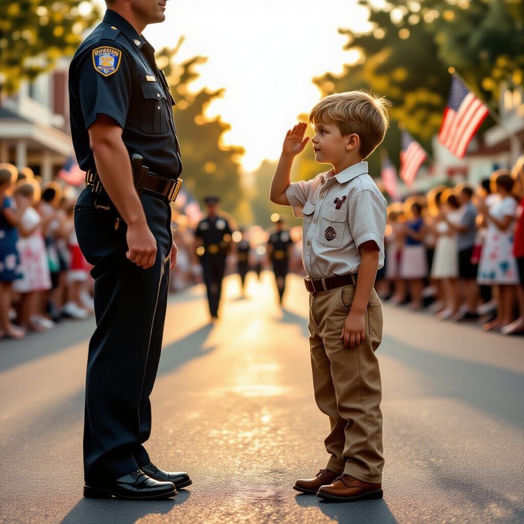 Boy Salutes Policeman at July 4th Parade in Norman Rockwell ...