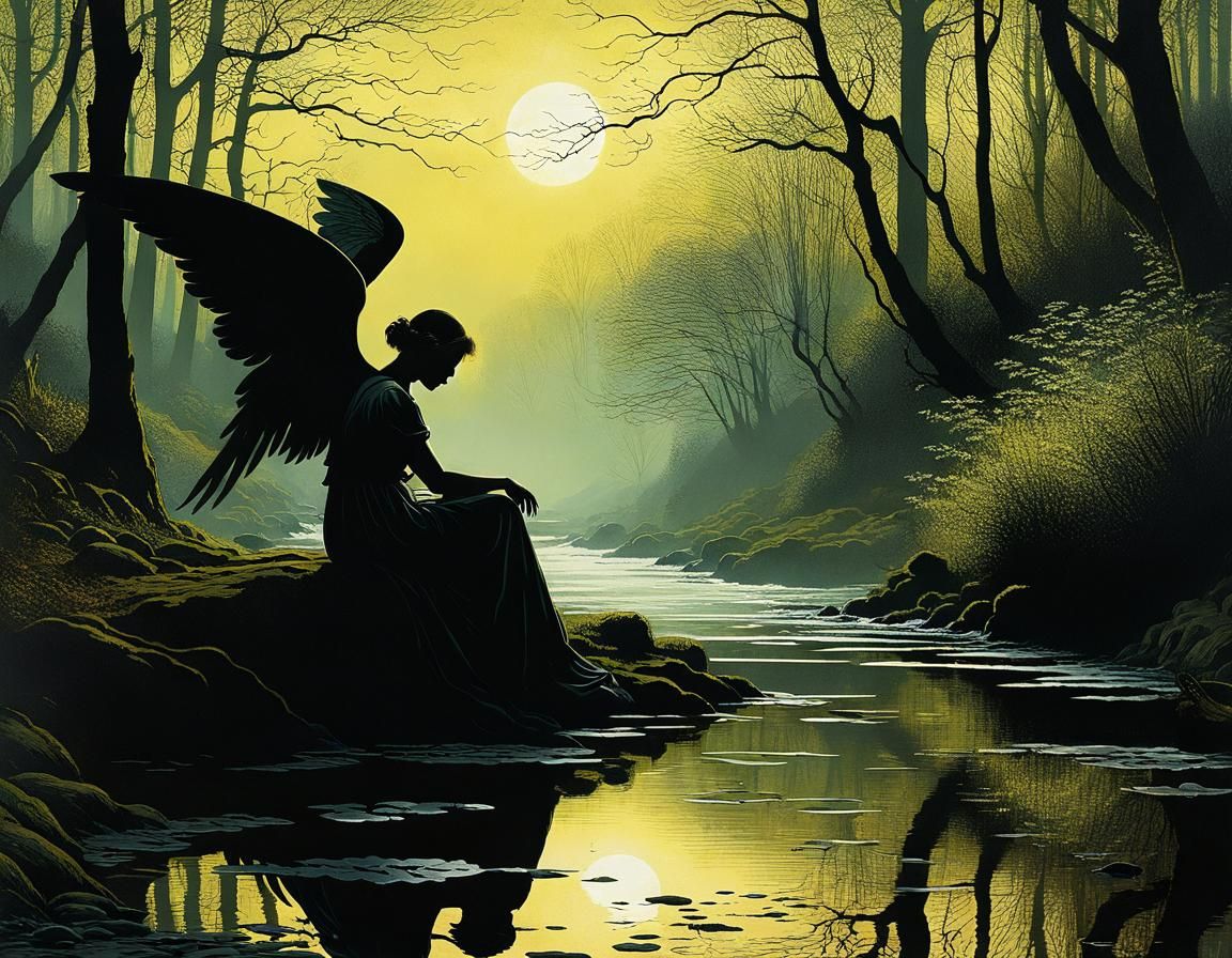 Winged Angel Silhouette by Forest Stream