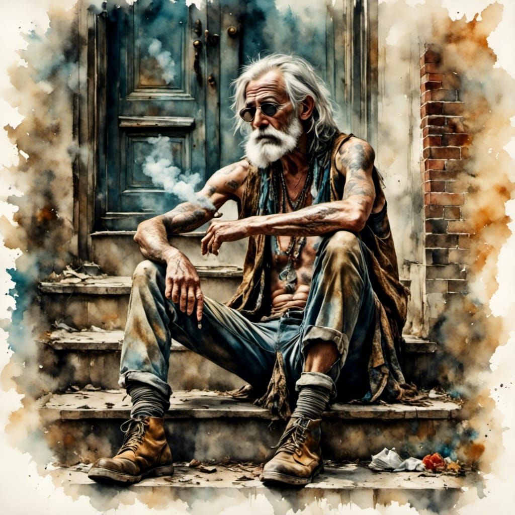 Retro Hippie Smoking a Joint in Watercolor Style