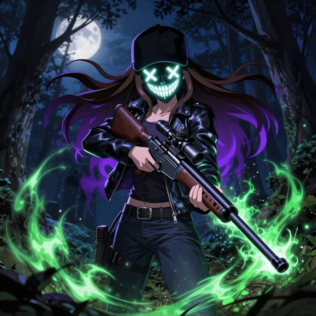 Anime Girl with Glowing Mask and Sniper Rifle in Forest