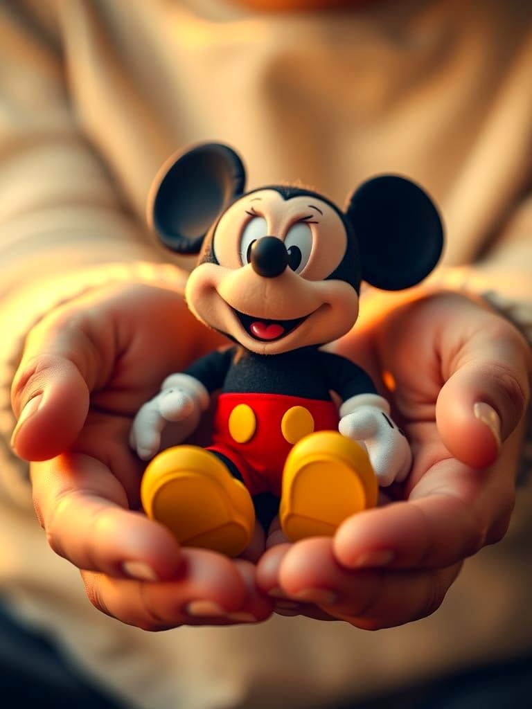 Hyper-Realistic Tiny Mickey Mouse in Child's Hands