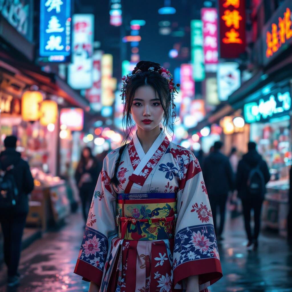 Cyberpunk Girl in Neon Market, Cinematic Style