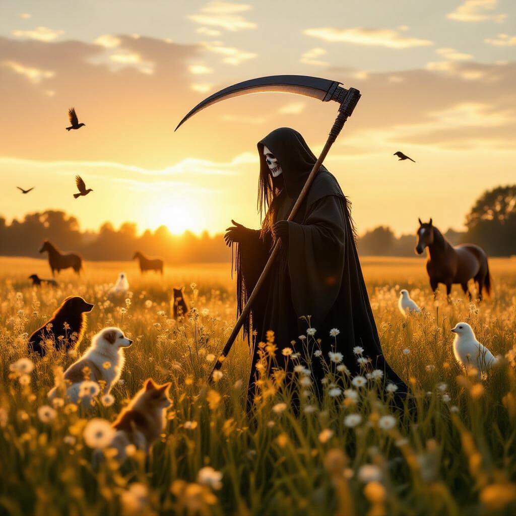 Grim Reaper with Animal Spirits in Golden Meadow