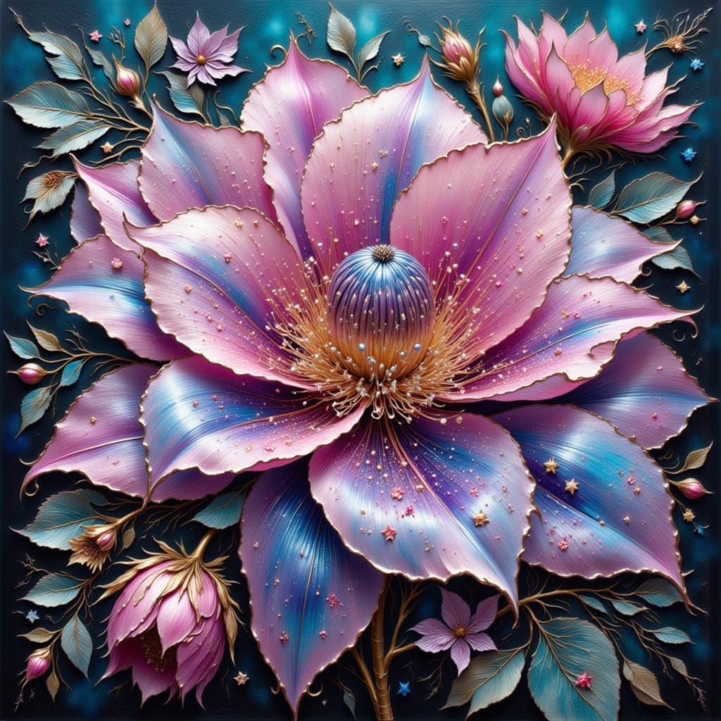 Metallic Pink and Blue Flower in Art Nouveau Style