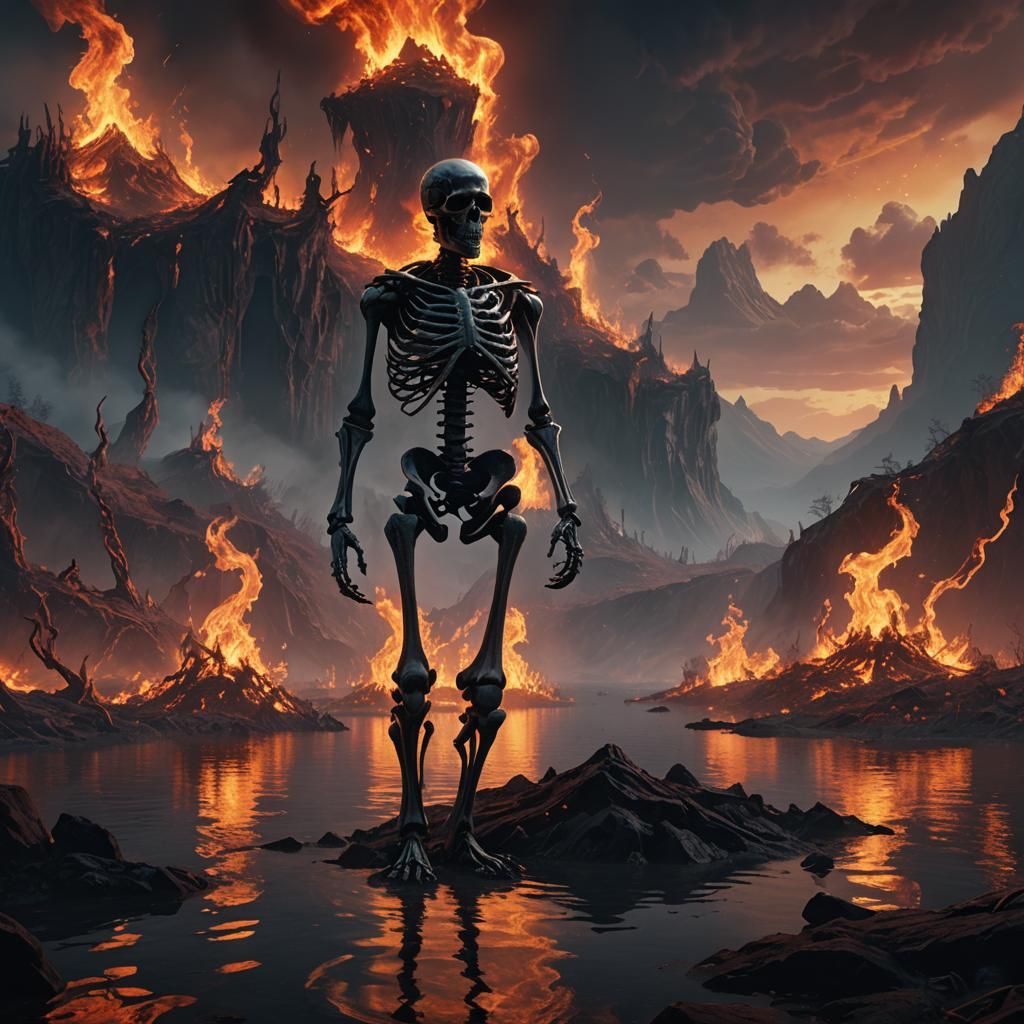 Skeletal Figure in Lake of Fire: Dark Fantasy Art
