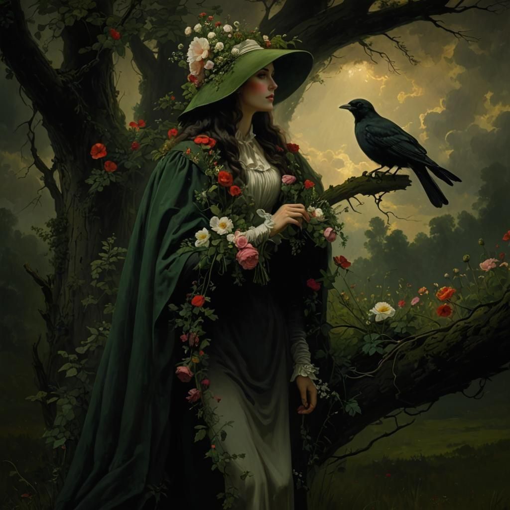 Woman in Floral Meadow: Noir Painting