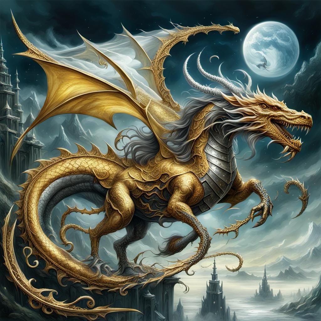 Surreal Golden Drakkar Soars Amidst Twisted Vines in Etherea...