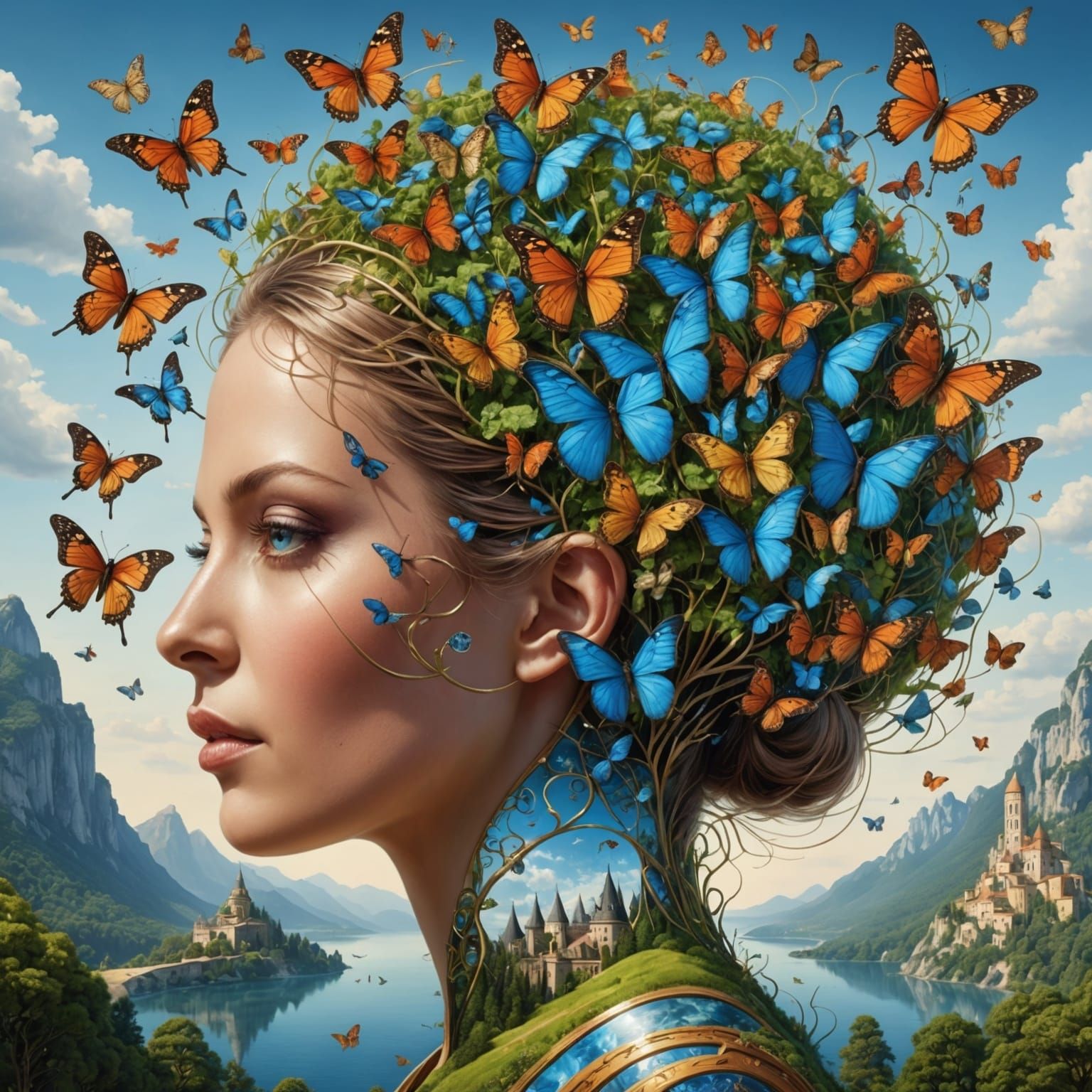Surreal Mindscape: Butterfly Kingdom in Woman's Head