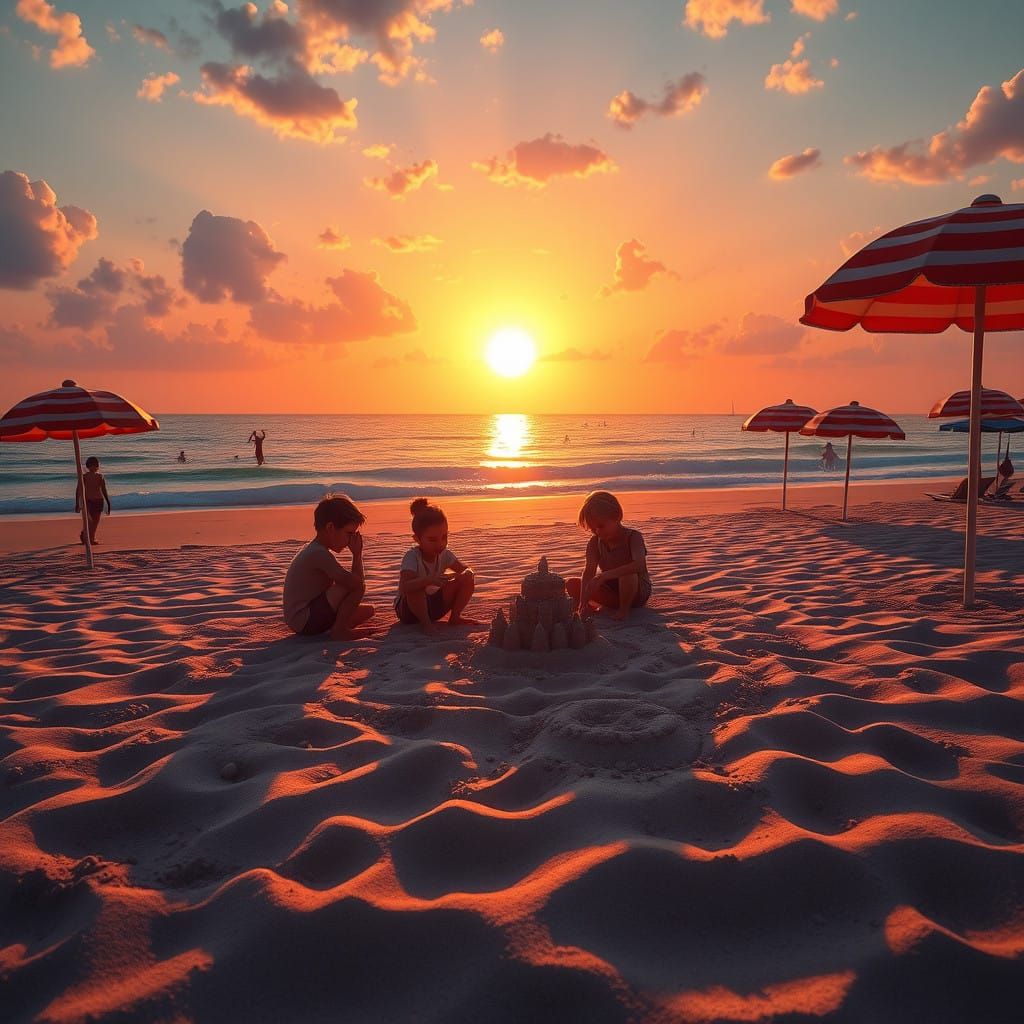 Serene Beach Scene at Sunset with Children Building Sandcast...