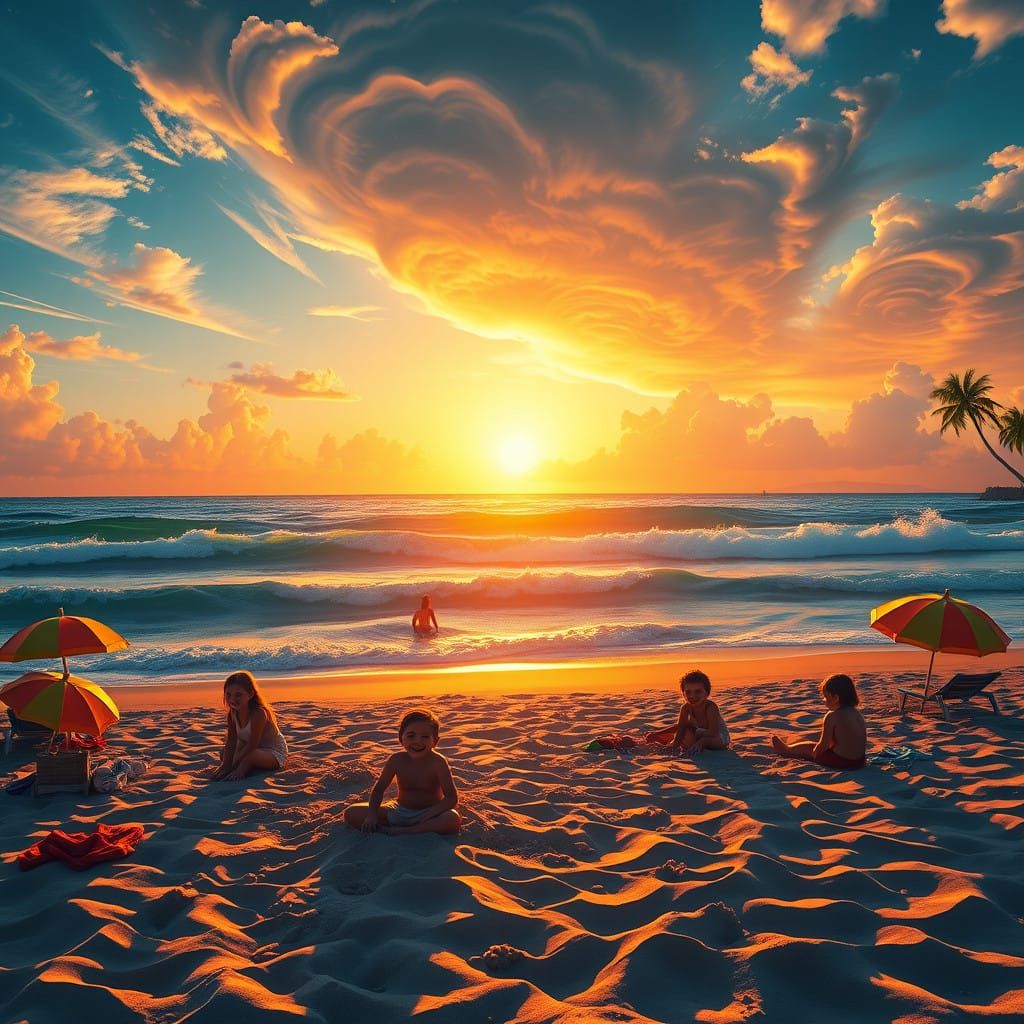 Seaside Sunset with Children Building Sandcastles and Beachg...