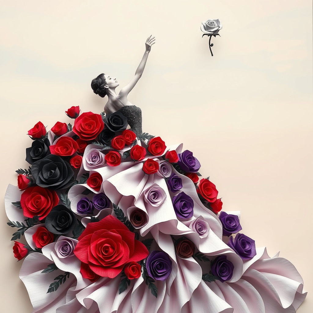 Rose Gown Woman Catching Silver Rose: Origami Style