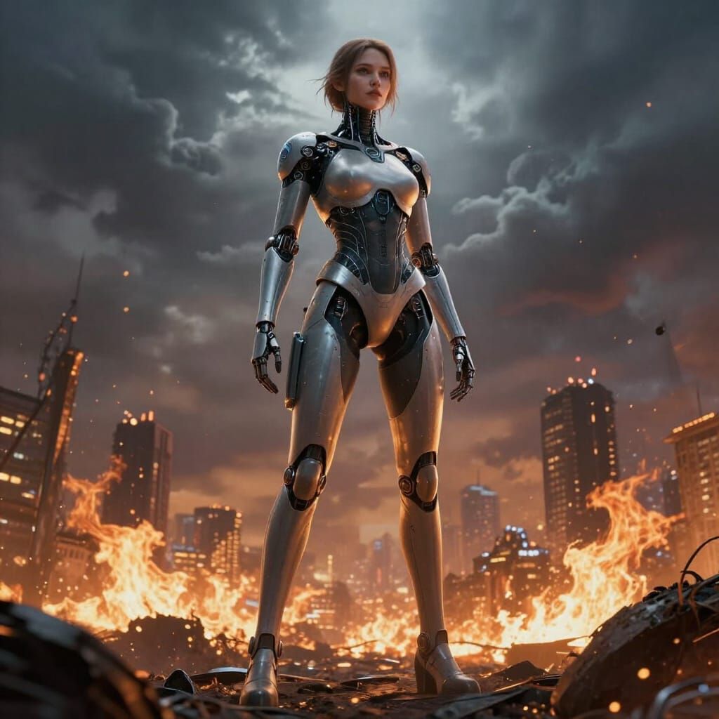 Cyborg Woman Amidst Burning City At World's End