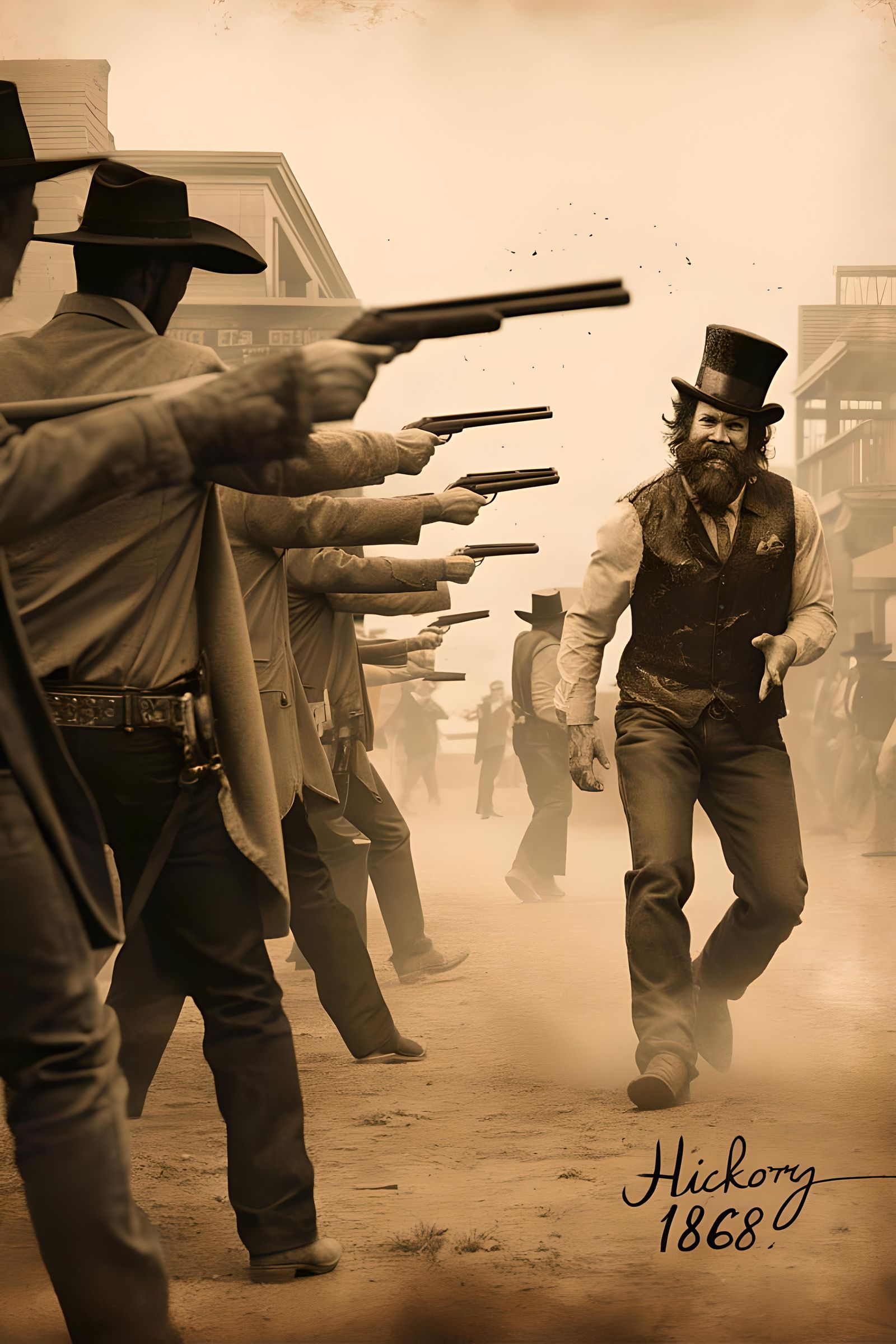Old West Town Chaos in Sepia Lithograph