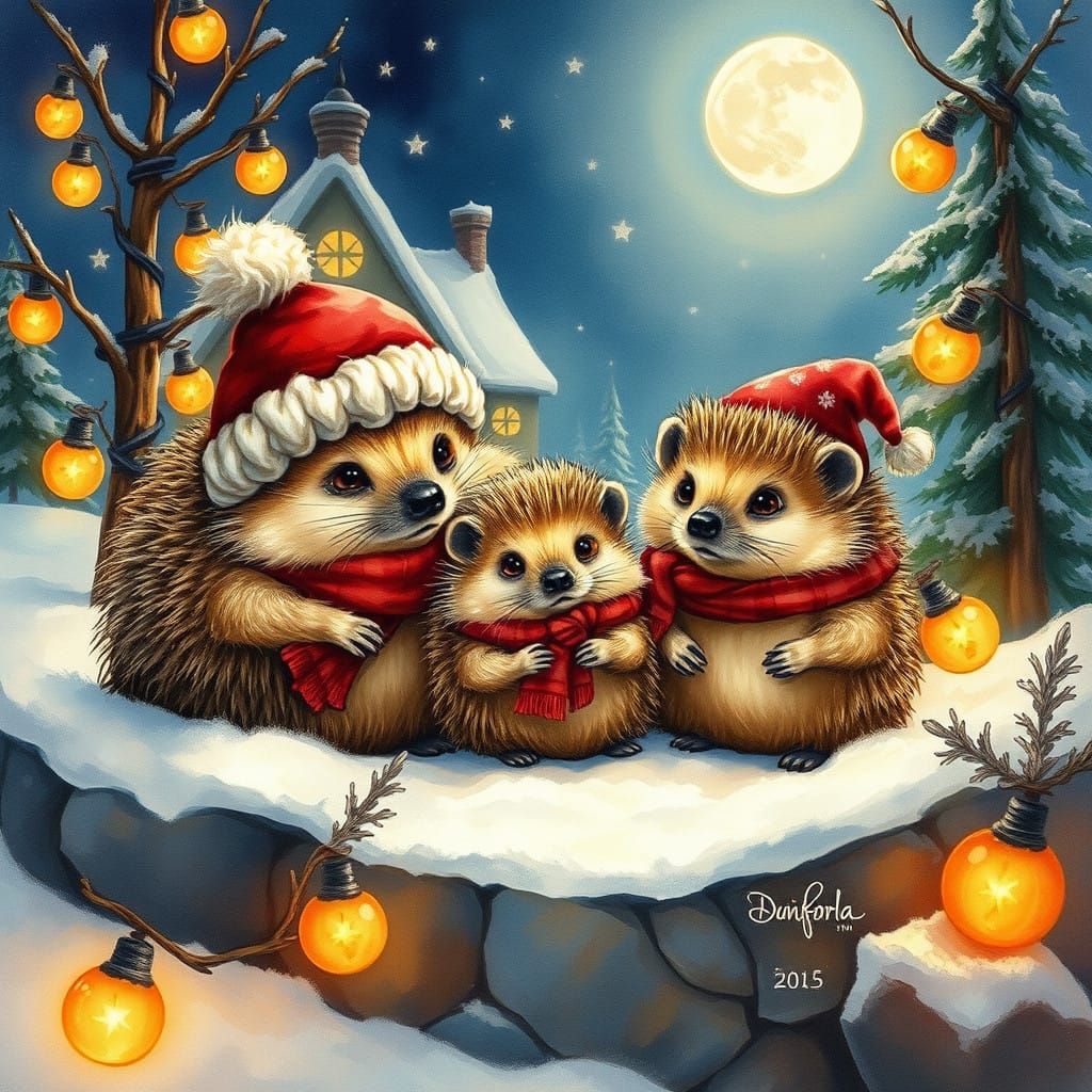 Whimsical Christmas Hedgehog Family Scene with Glowing Decor...