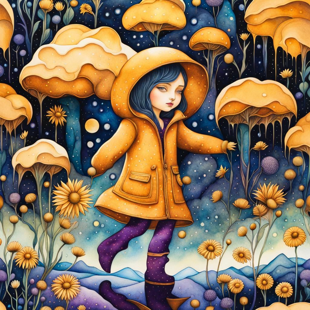 Watercolor Landscape Under Inverted Starry Sky