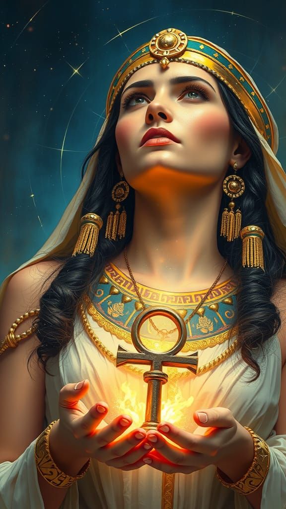 Egyptian Priestess in Golden Jewelry Under Starry Night Sky