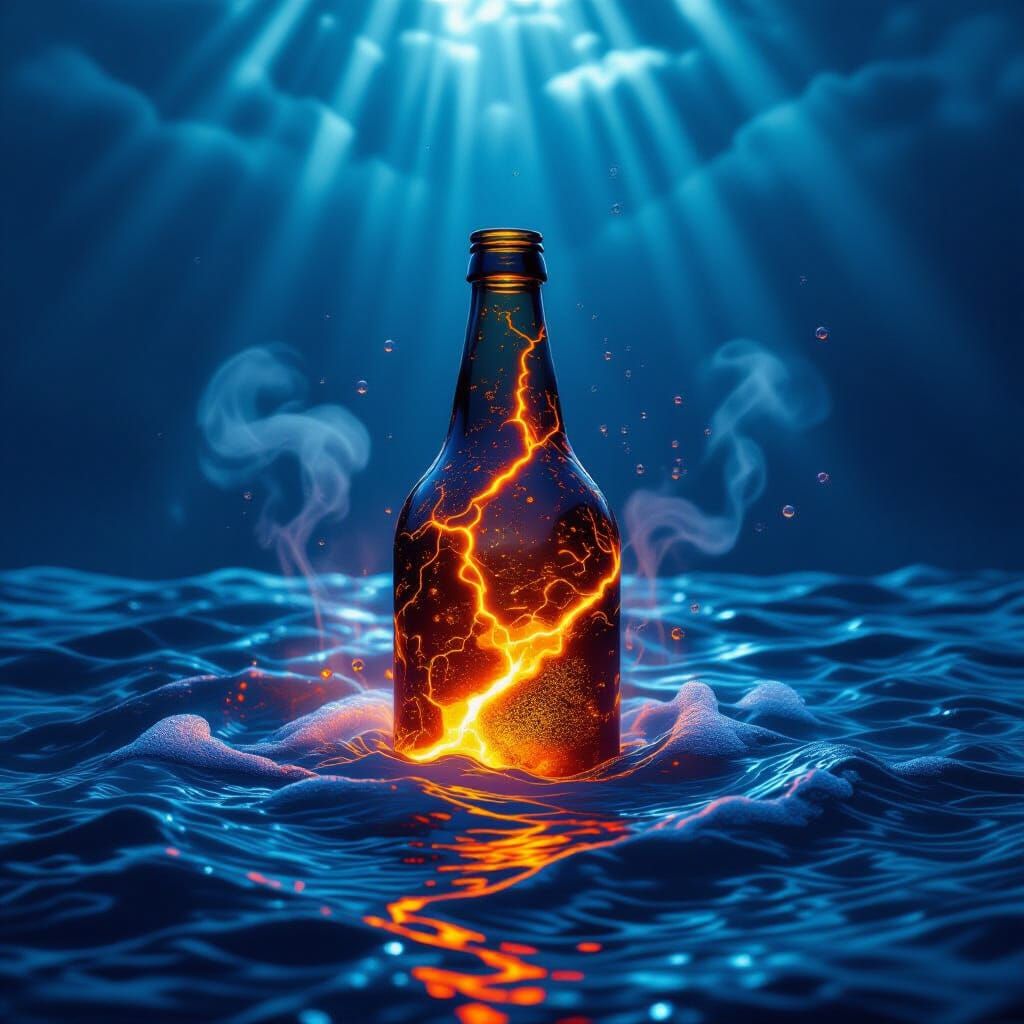 Lava Bottle Submerged in Turbulent Ocean