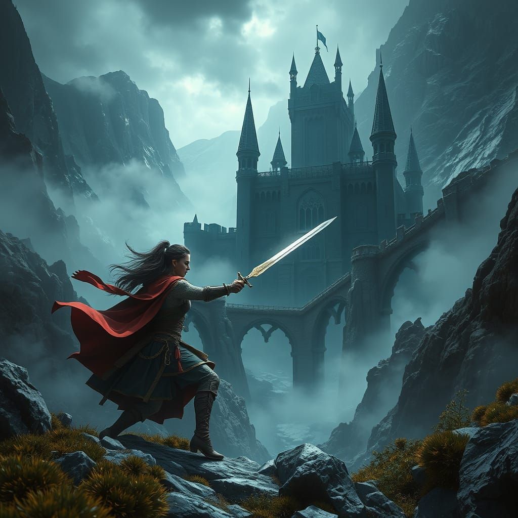 Epic Fantasy Warrior Maiden Battles in Ancient Castle Amidst...