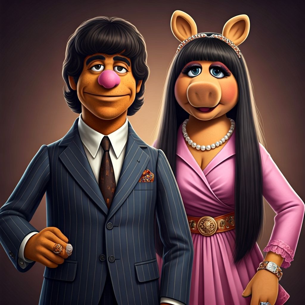 The Muppets, Sixties, Kermit and Miss Piggy dressed as Sonny and Cher