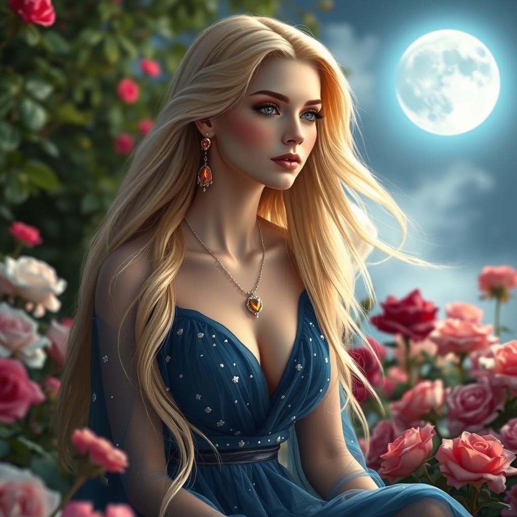 Goddess in Moonlit Rose Garden