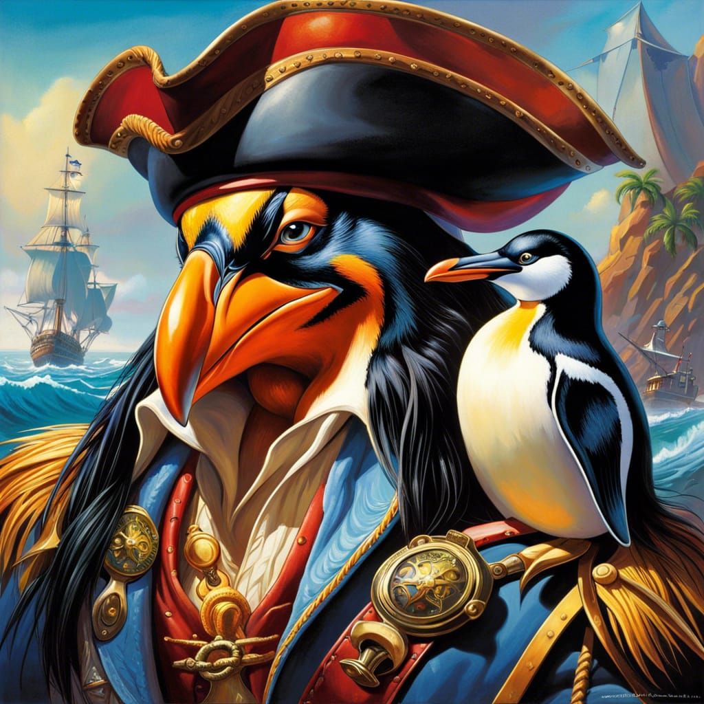 Penguin Pirate and Parrot in Hyperrealistic Style