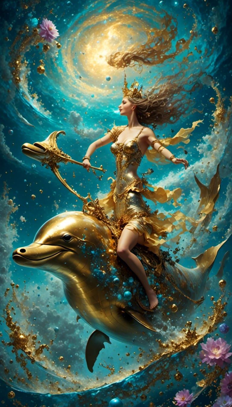 Fantasy Warrior on Dolphin in Cosmos With Gold