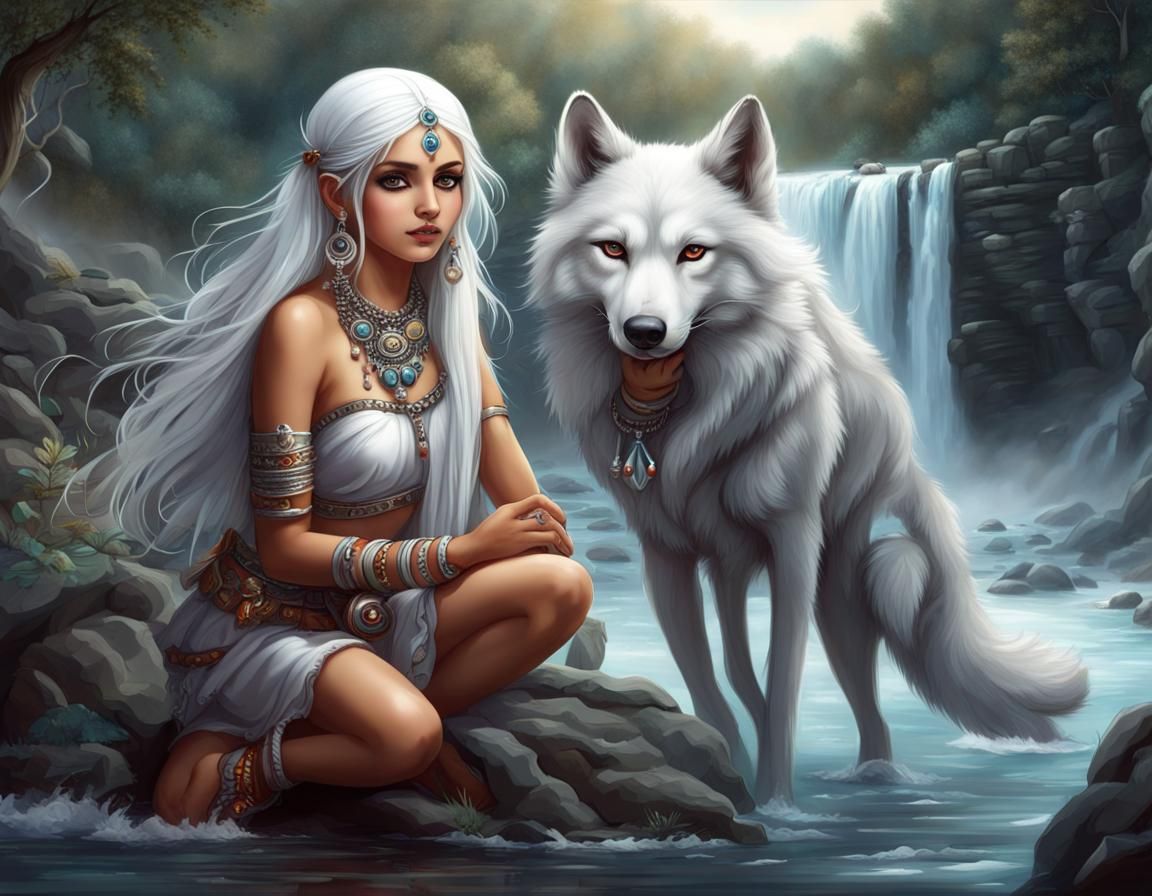 Fantasy Art: Girl Playing with Wolf