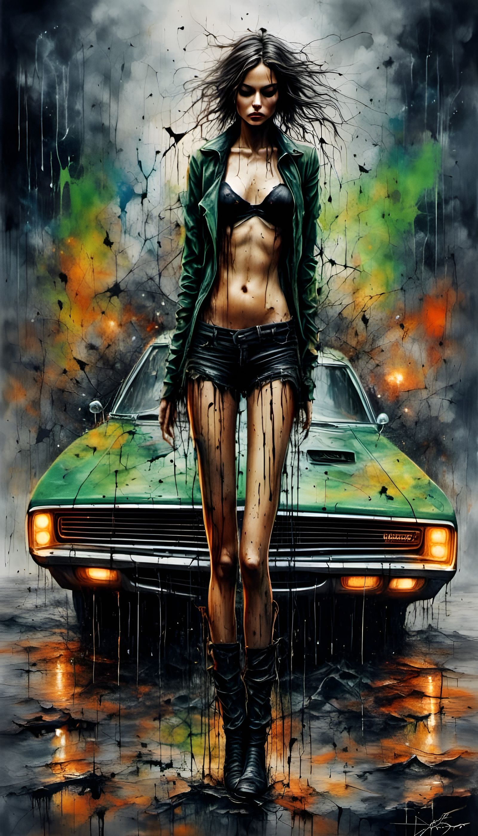 Laughing Woman in Rain with 1969 Dodge Charger