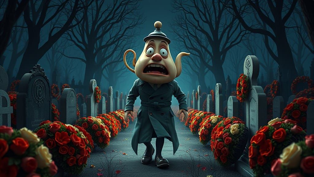 Terrified Teapot Character in Dark Cemetery, Pixar Style