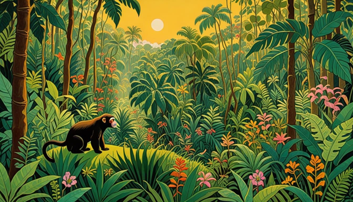 Naive Jungle Landscape With Monkeys in Golden Light