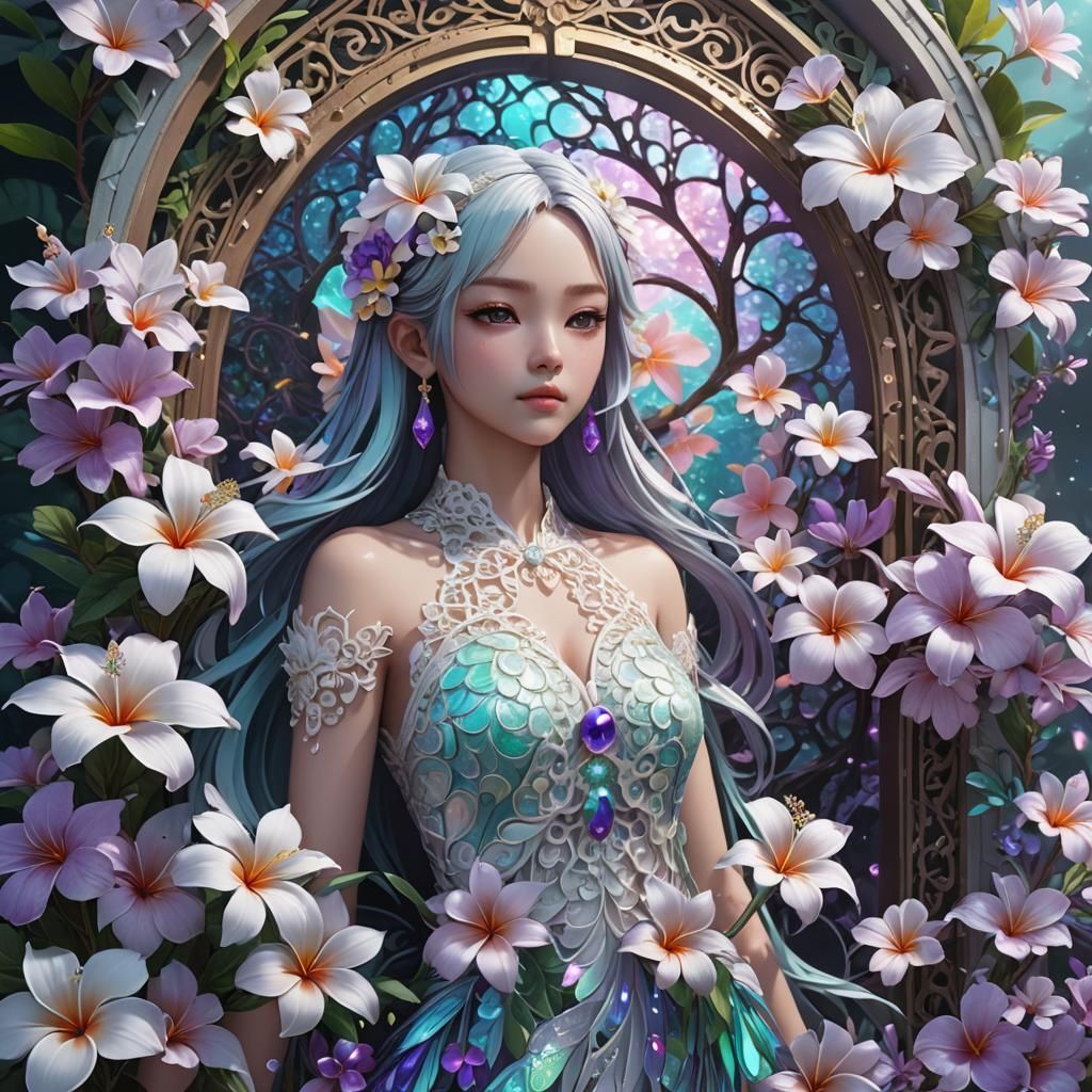 Iridescent Filigree Portal with Plumeria and Waterfall
