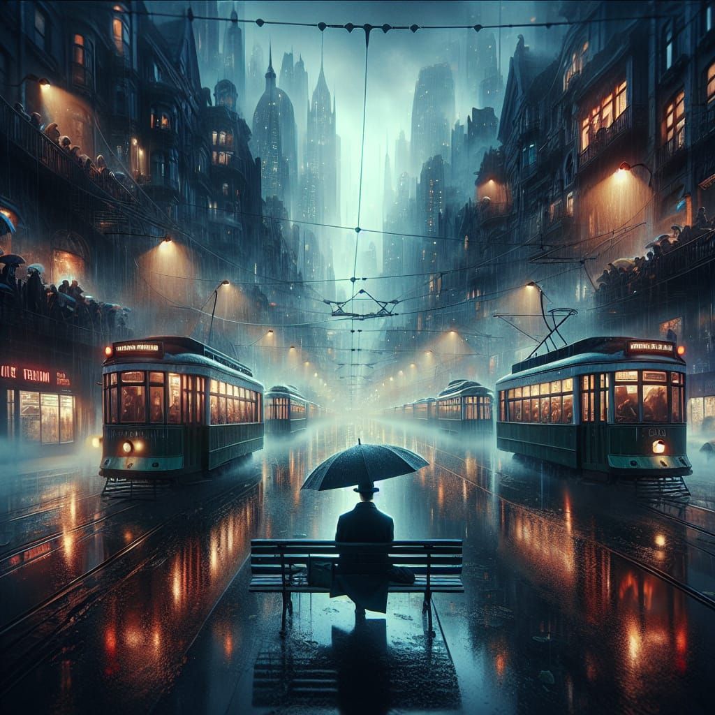 Rainy Cityscape at Dusk: A Hyperrealistic Matte Painting