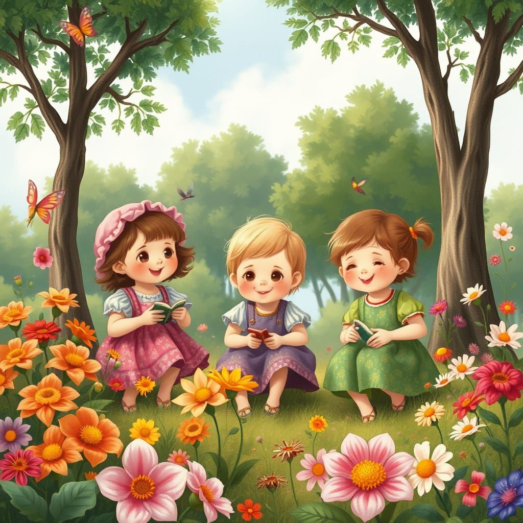 Children Playing Outdoors in Whimsical Artistic Style