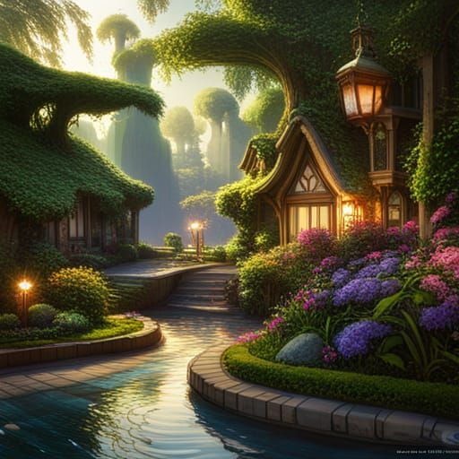 Idyllic Garden Landscape: Fantasy Concept Art